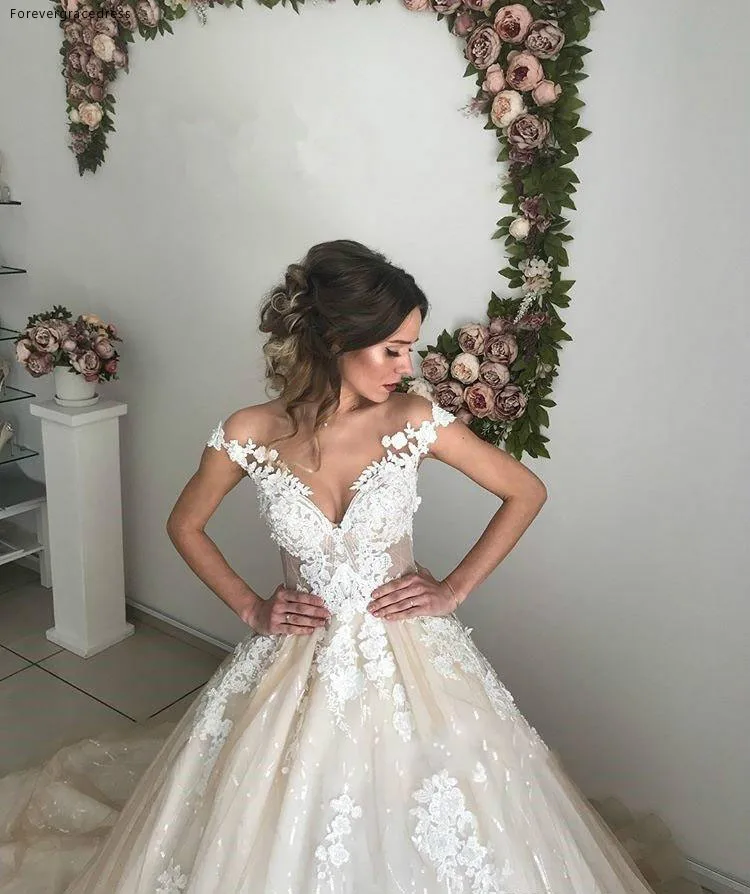 2019 Wedding Dresses A Line Off Shoulders Lace Appliques Sequins Tulle Backless With Buttons Covered Court Train Bridal Gowns  193 (1)