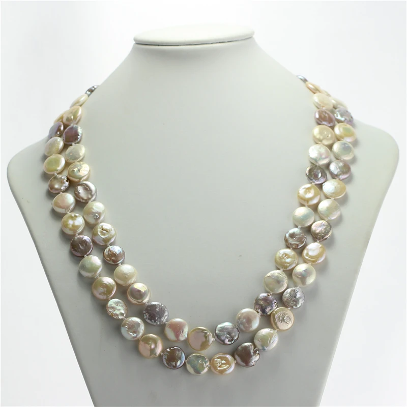 

SNH AA 12-13mm mixed color natural freshwater long baroque coin pearl necklace jewelry free shipping