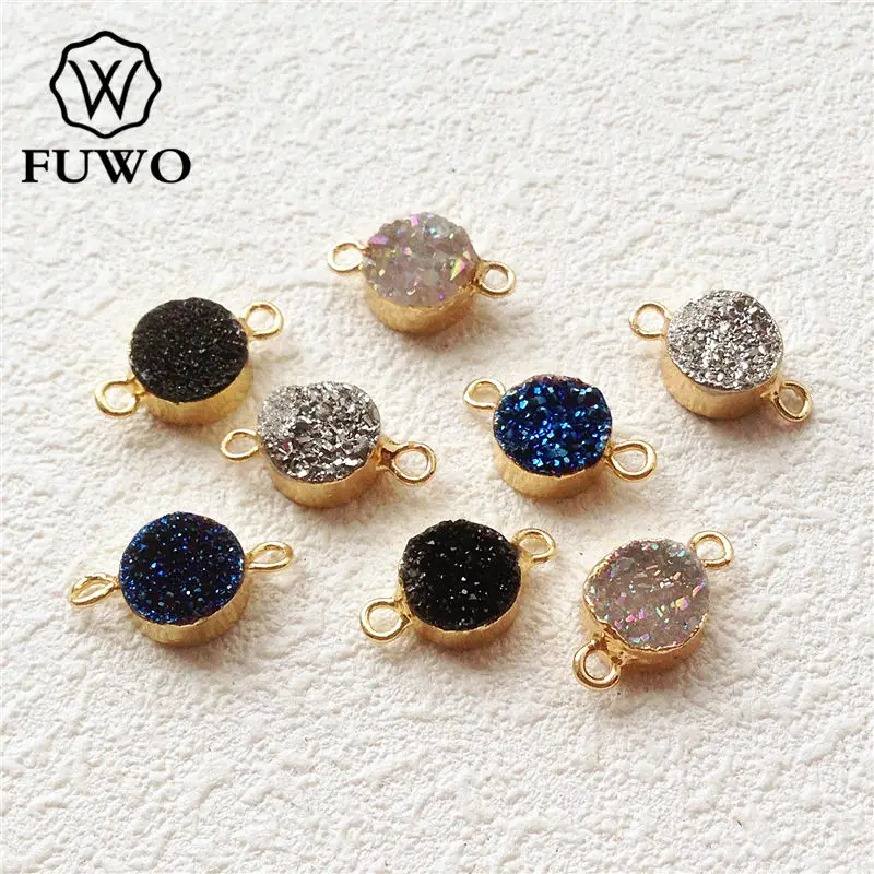 

FUWO Aura Druzy Connector Pendant 24k Gold Color Plated Double Loops Raw Crystal Cluster Jewelry Accessories Wholesale PD144