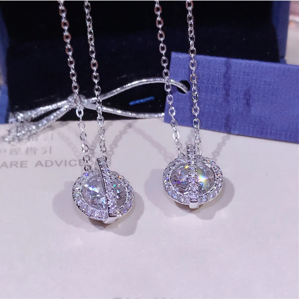 Brand Fashion 925 Sterling Silver Jewelry For Women Long Necklace Cubic Zirconia Stone Round Planet Pendant 45cm | Украшения и