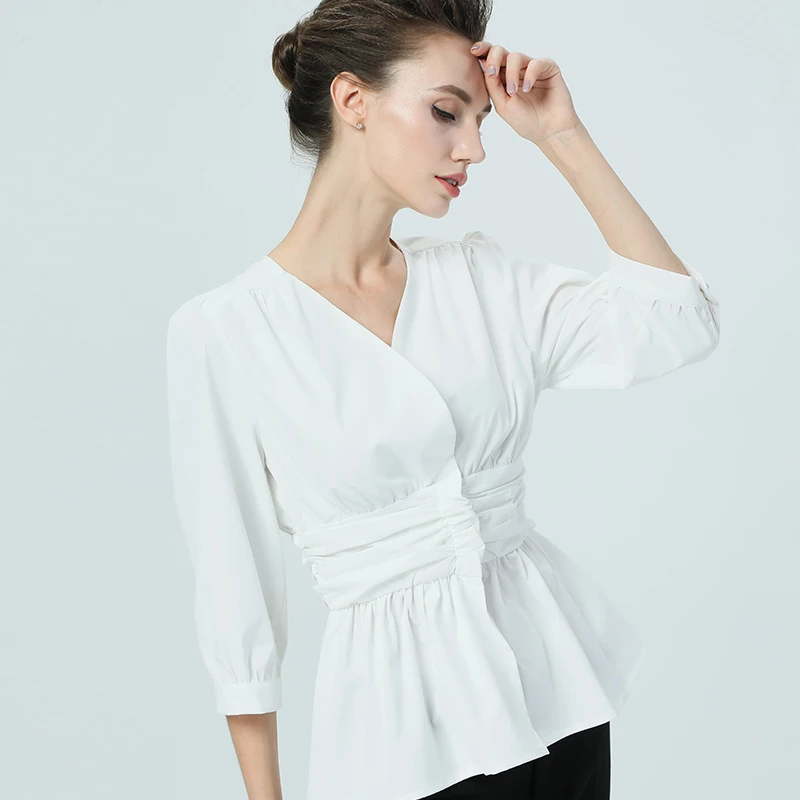 

Elegant Waisted Women White Blouse V-Neck Half Sleeve Pleated Single Button Peplum Top Slim Plus Size 4XL Female Office Shirt