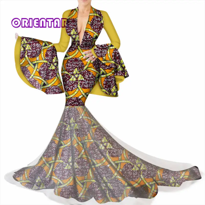 Платья с расклешенными рукавами в африканском стиле для женщин Bazin Riche, сексуальное длинное свадебное платье с глубоким v-образным вырезом, традиционная африканская одежда, WY3449 - Цвет: 20