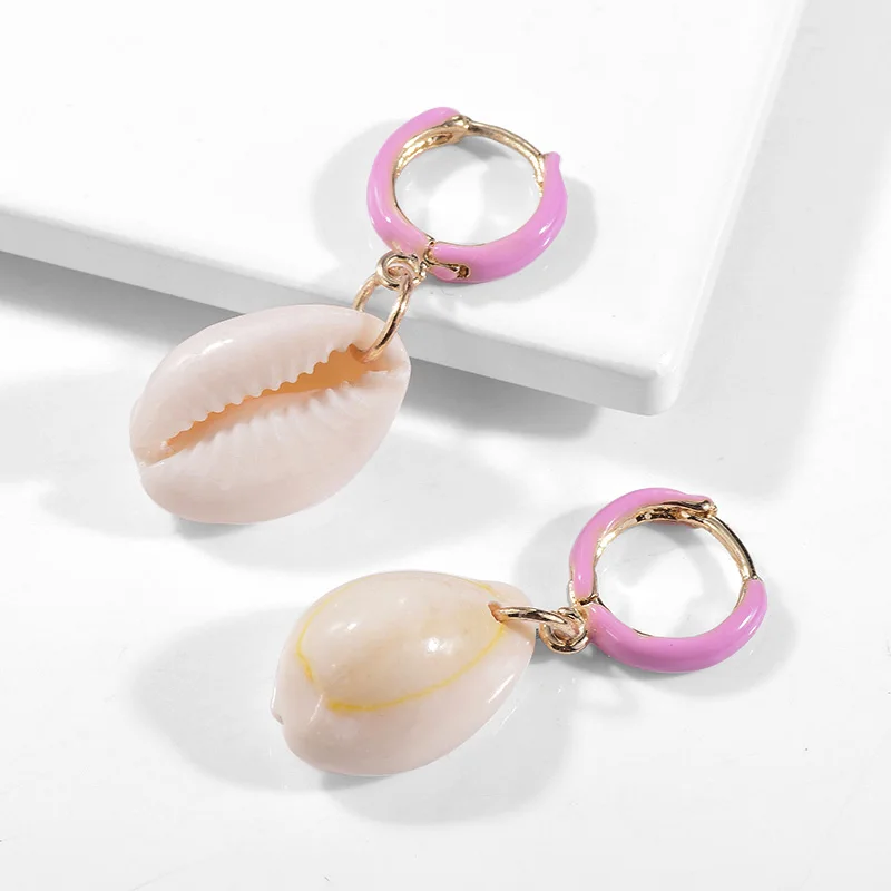 Sloong Sea Shell Earrings For Women Bohemian Ocean Natural Shell Cowrie Statement Hoop Earring Beach Jewelry Gift - Окраска металла: pink