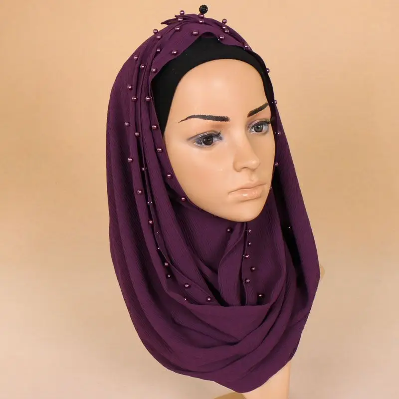 

2019 Fashion Plain Wrinkle Pearl Bubble Chiffon Instant Hijab Shawl Ladies Solid Color Summer Beach Foulards Sjaal Muslim Snood