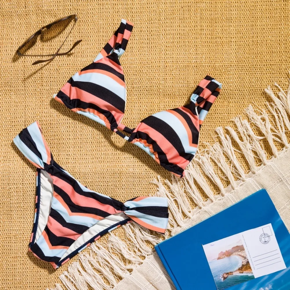 

Women's Two Piece Colorful Striped Bikini Set 2019 Summer Bandage Push Up Bikinis Set Brazilian Biquini Swimsuit Beachwear Suit