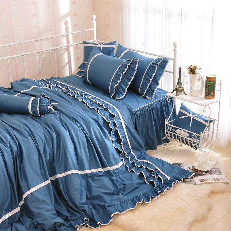 

2017 New Contracted Korean Bedding Sets, Beautiful Blue Bedding Bag, 100%Cotton Pure Color Falbala Bed Skirt.