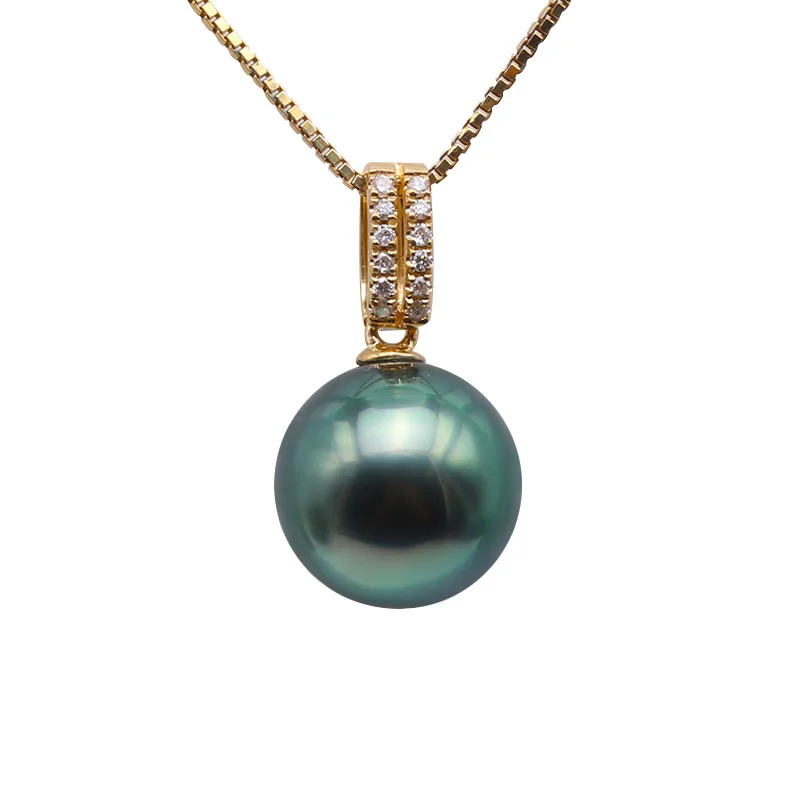 JYX 18 K Золото 10,5 мм Павлин зеленый Tahiti кулон ожерелье с бриллиантами 1" выбранный Южное море культивированный жемчуг ювелирные изделия AAA золото
