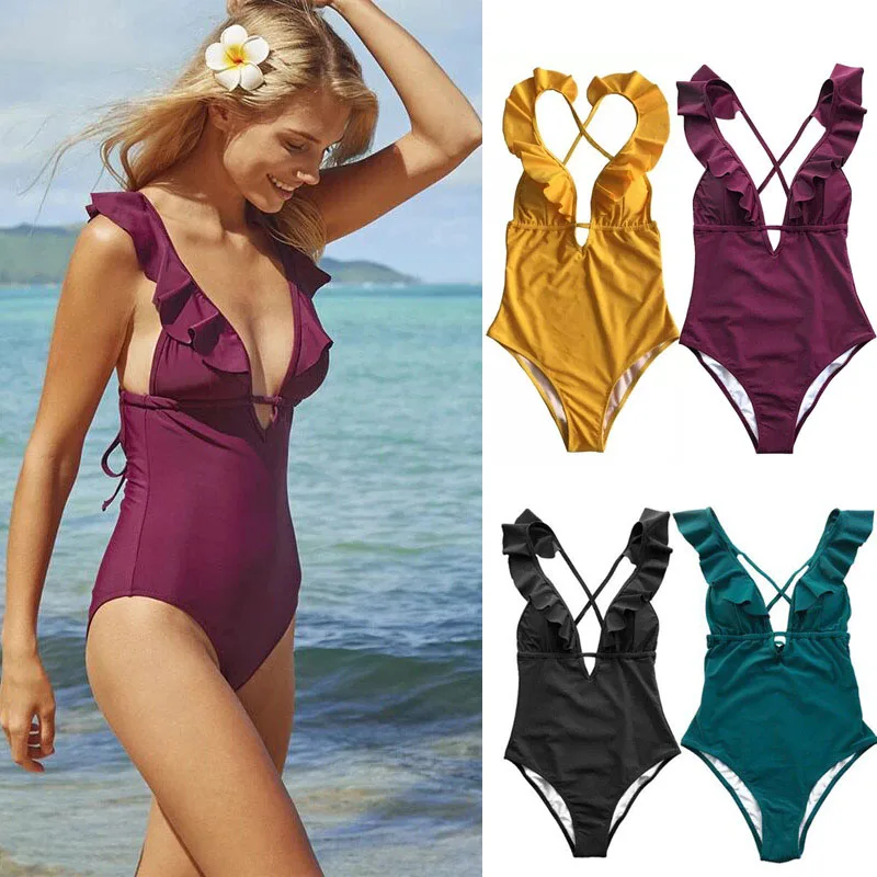 

New Arrival Ladies V Neck Monokini Swimsuit Fast Dry Sleeveless Backless Slim Fit Bikini Solid Color Sexy One Piece Swimsuit