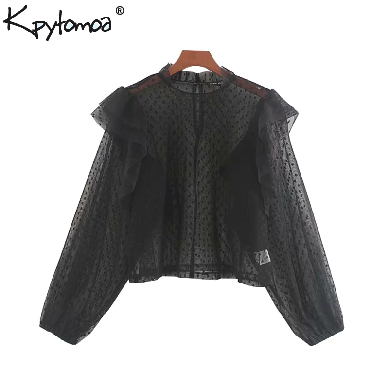 

Vintage Sexy Dot Mesh Ruffles Short Tops Women Blouses 2019 Fashion Long Sleeve See Through Chic Shirts Casual Blusas Mujer