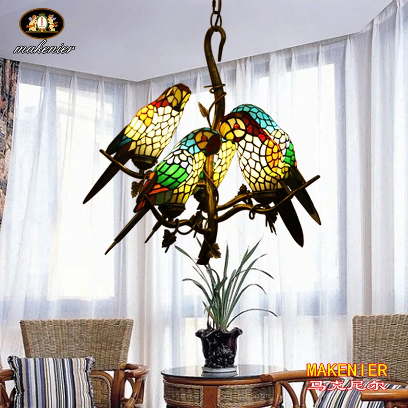

Makernier Vintage Tiffany Style Stained Glass Tree Branches 5 Arms Parrots Chandelier