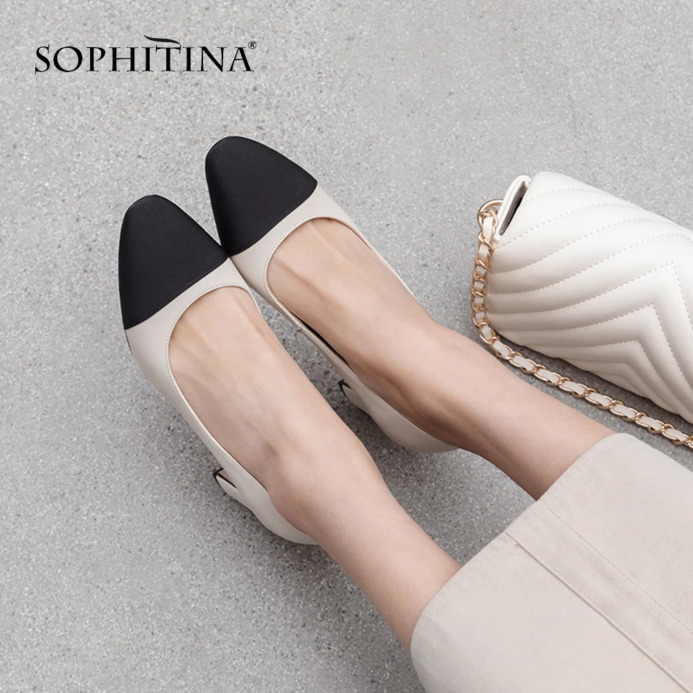 SOPHITINA/Женские туфли-лодочки удобные из натуральной кожи. Кожаные туфли на низком или высоком квадратном каблуке с квадратным мыском. Женская обувь в сочетании двух цвета.Повседневные женские туфли на всесезонSO118