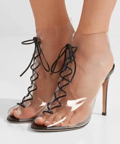 

Summer Brand Women New PVC Transparent Peep Toe Black Leather Ties Lace Up Front Stiletto Heel Short Ankle Boots Big Size 42