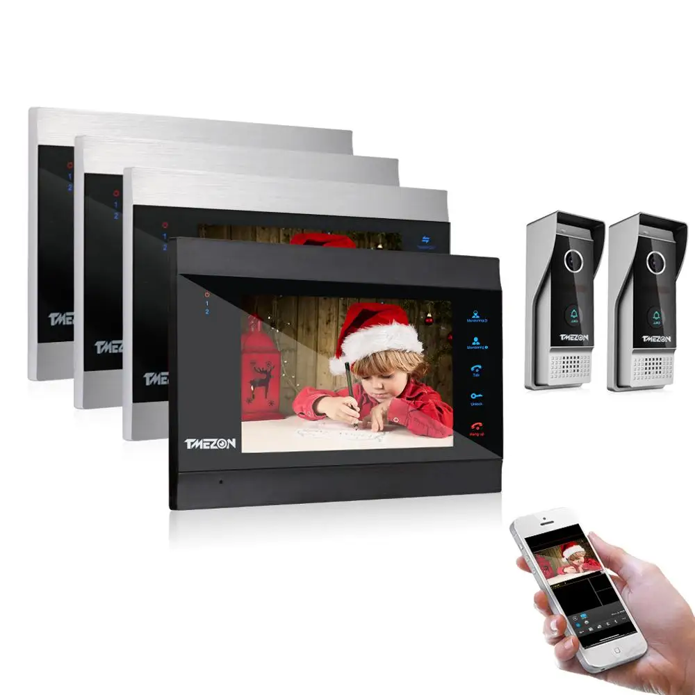 TMEZON 7 Inch Wireless Wifi Smart IP Video Door Phone Intercom System with 4 Night Vision Monitor + 2 Rainproof Doorbell Camera