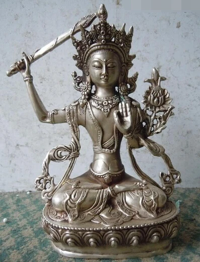 

shitou 001840 8" Chinese silver Bronze carved Buddhism MANJUSHRI buddha Sculpture Statue