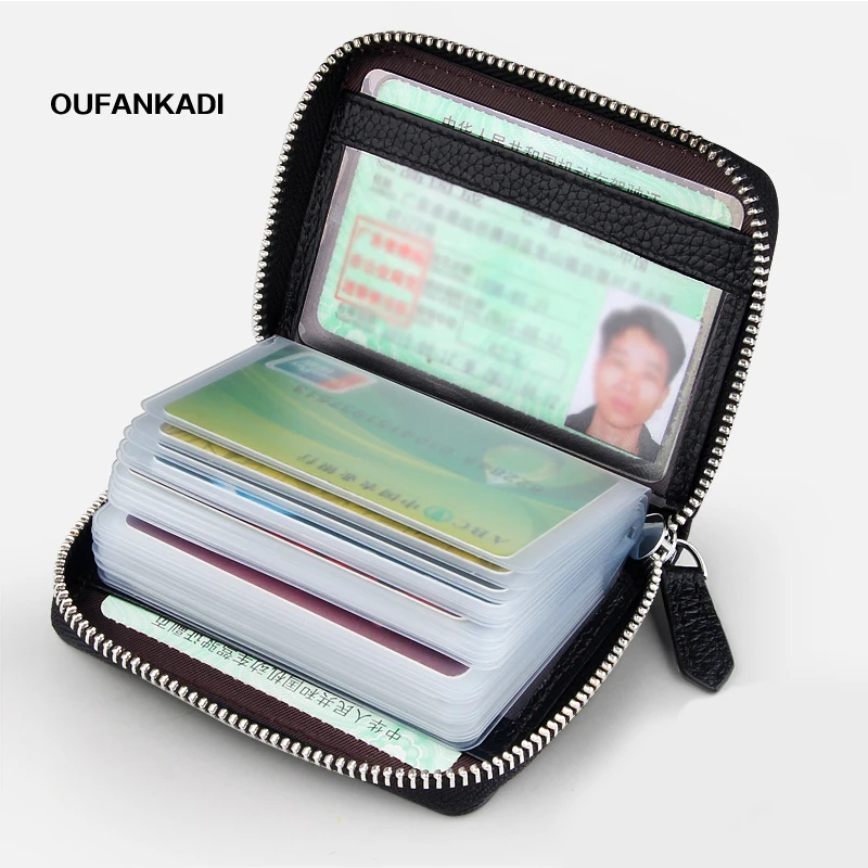

Oufankadi Brand Men Card Holder Cards WoMen Card Pack Genuine Leather CardHolder Zipper Credit Card Holder by 20 Slot