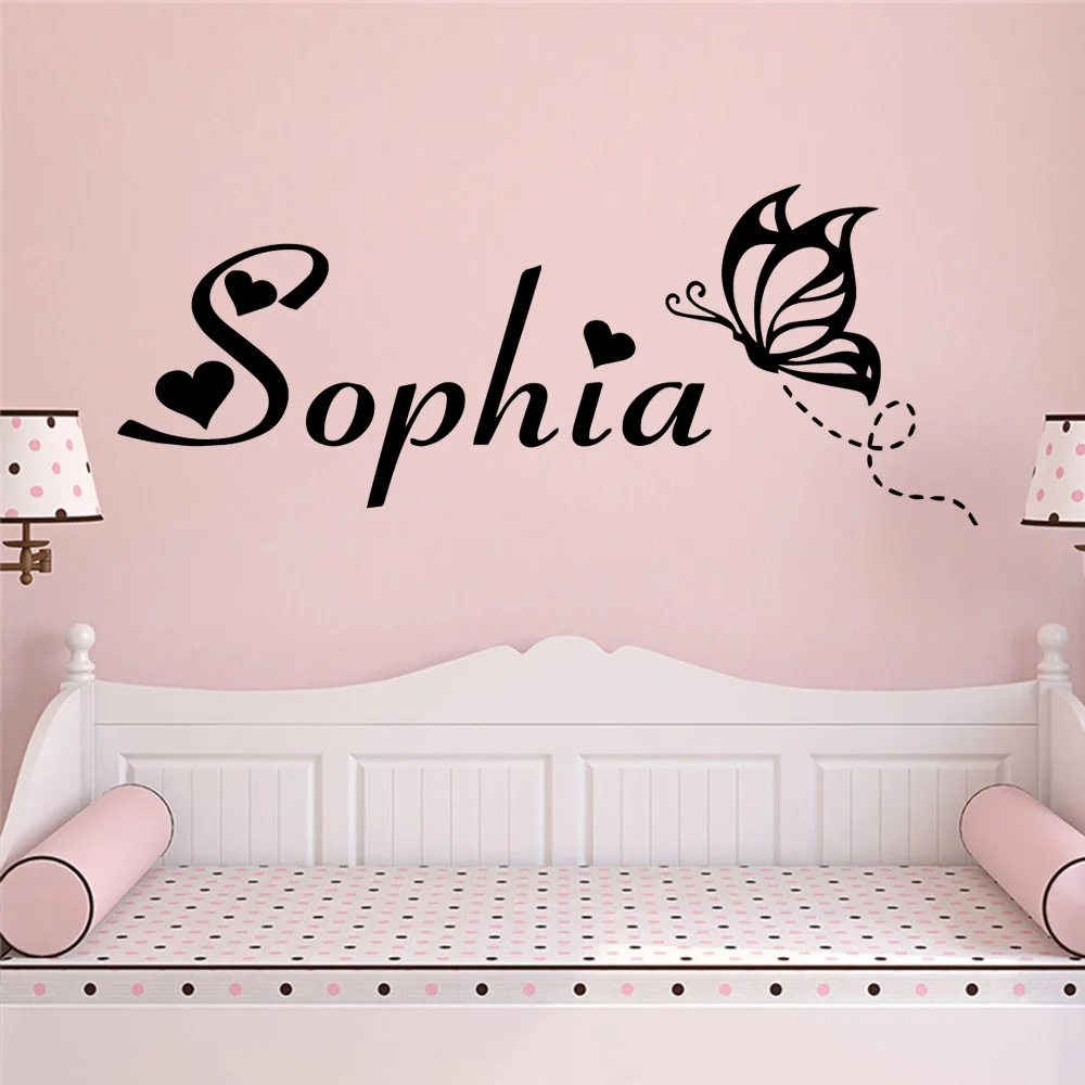 Butterfly Custom Name Wall Sticker Self Adhesive Vinyl Heart Stars Wallpaper For Nursery Babys Room Bedroom Decoration Decals