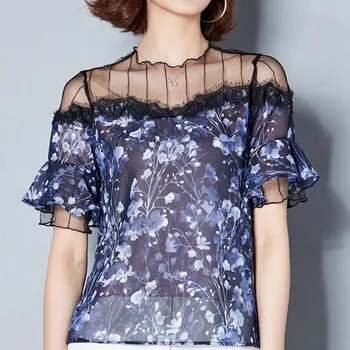 

Floral Printed Lady Chiffon Blouses Plus Size S-3XL Black Lace Patchwork Design Women Fashion Shirts 2018
