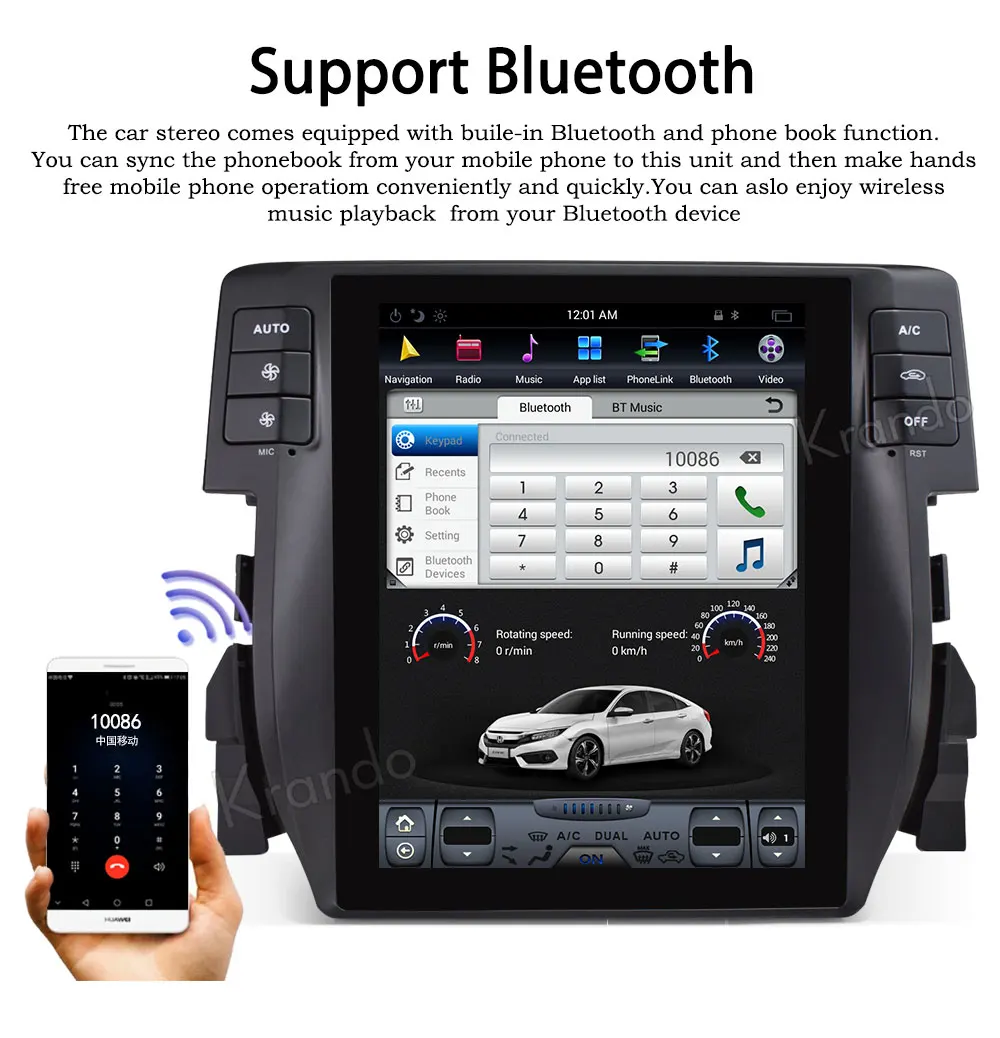 Perfect Krando Android 8.1 10.4" Tesla style Vertical screen car radio GPS navigation dvd for Honda Civic 2016-2018 multimedia system 2