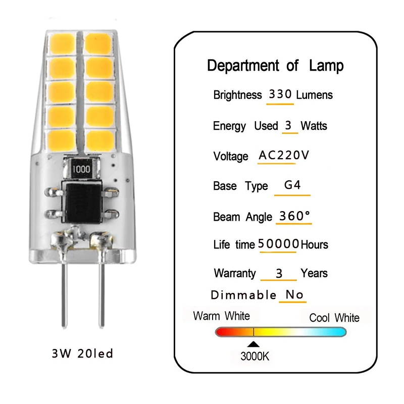 10 шт. G4 Светодиодный светильник 220 в 230 В 3 Вт Lampada Lampara светодиодный G4 светильник ampul 20 светодиодный 360 Угол луча 2835SMD Замена 30 Вт галогенная лампа