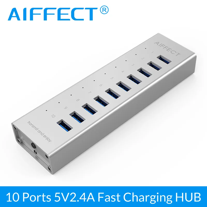 

AIFFECT 10 Port Aluminum Alloy BC1.2 12V2A Fast Charging Charger USB 3.0 HUB with 1M USB Data Cable for iPhone Xiaomi HTC Huawei