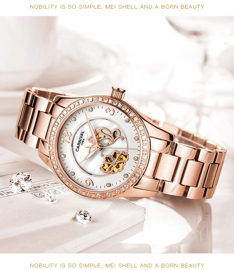 Лидирующий бренд карнавал автоматические часы женские Мода механические нержавеющей стали пояса часы цвета розового золота Роскошные Скелет часы