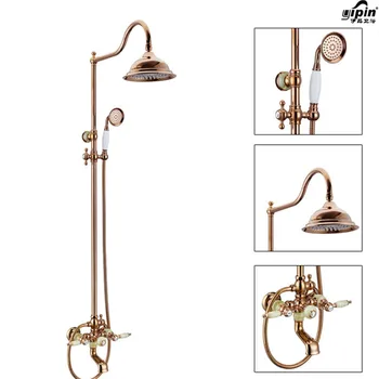 

Classic Luxury PVD Rose Gold Plate Lifting Wall Mounted Bath Shower Set Antique Faucet Mixer Taps Rainfall Head Handheld Spray