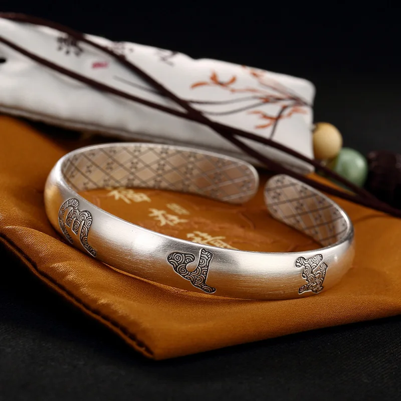 Vintage Retro Silver Bangles Women Classic Handmade Real 999 Sterling