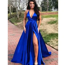 Сексуальные Платья с v-образным вырезом, королевское синее длинное вечернее платье с высоким разрезом, атласные вечерние платья для выпускного вечера с оборками