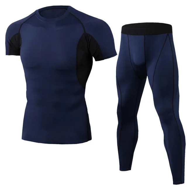 navy blue 2 шт. комплект для бега компрессионный мужской спортивный костюм Фитнес Спортивная футболка колготки с коротким рукавом быстросохнущие спортивный костюм - Цвет: navy blue