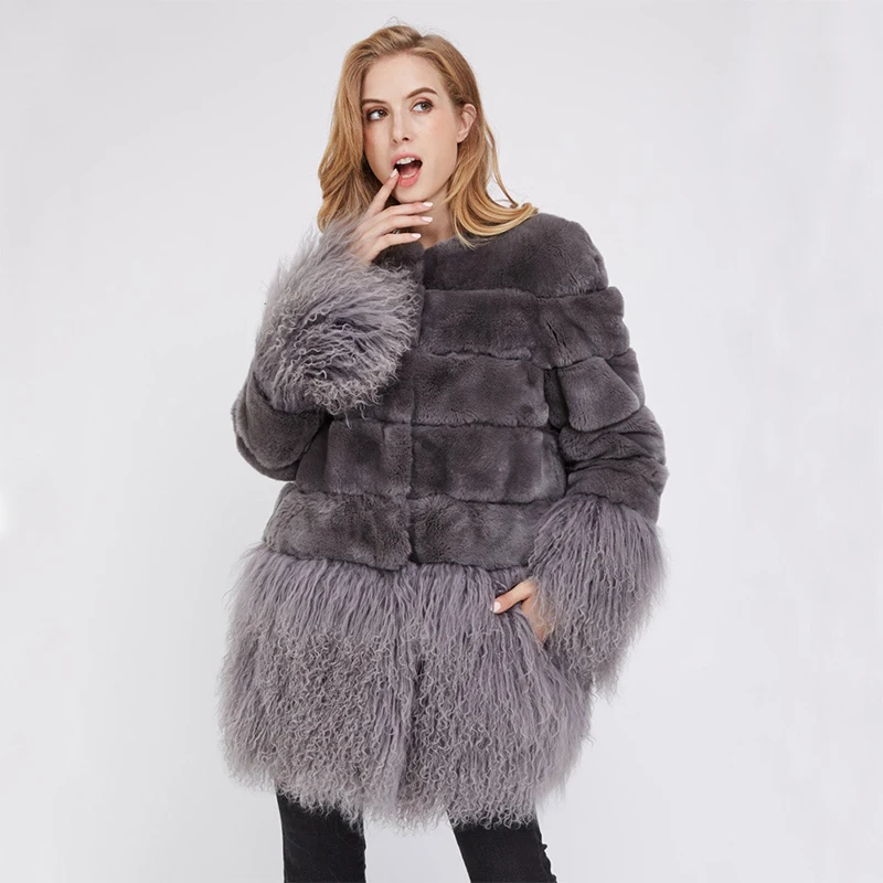 2018 New Fashion Mongolia Sheep Fur Winter Coats Real Natural Rex Rabbit Fur Outerwear Female 