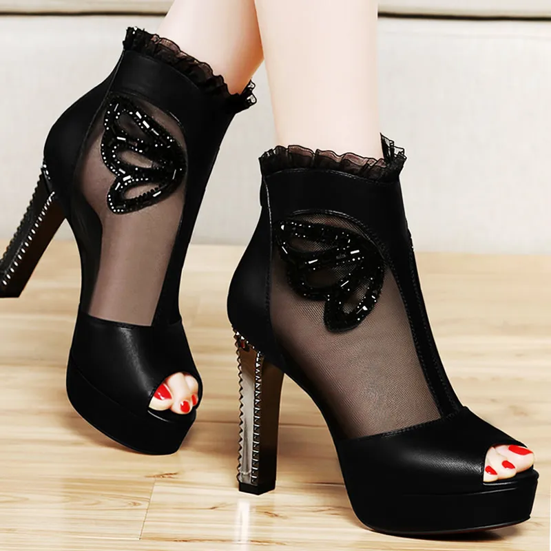 

Women Sandals Sexy Fashion Spring Summer Pu Air Mesh Peep Toe Zip High Heels Platform Party Wedding Shoes Black Beige