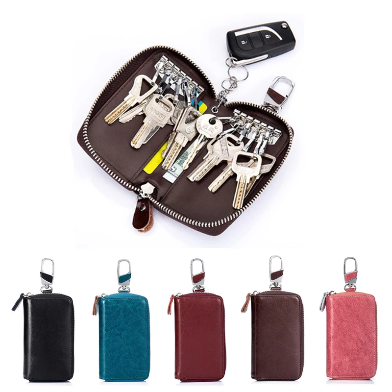 Unisex Large Leather Zipper Key Case Wallet with 12 Hooks & 1 Keychain