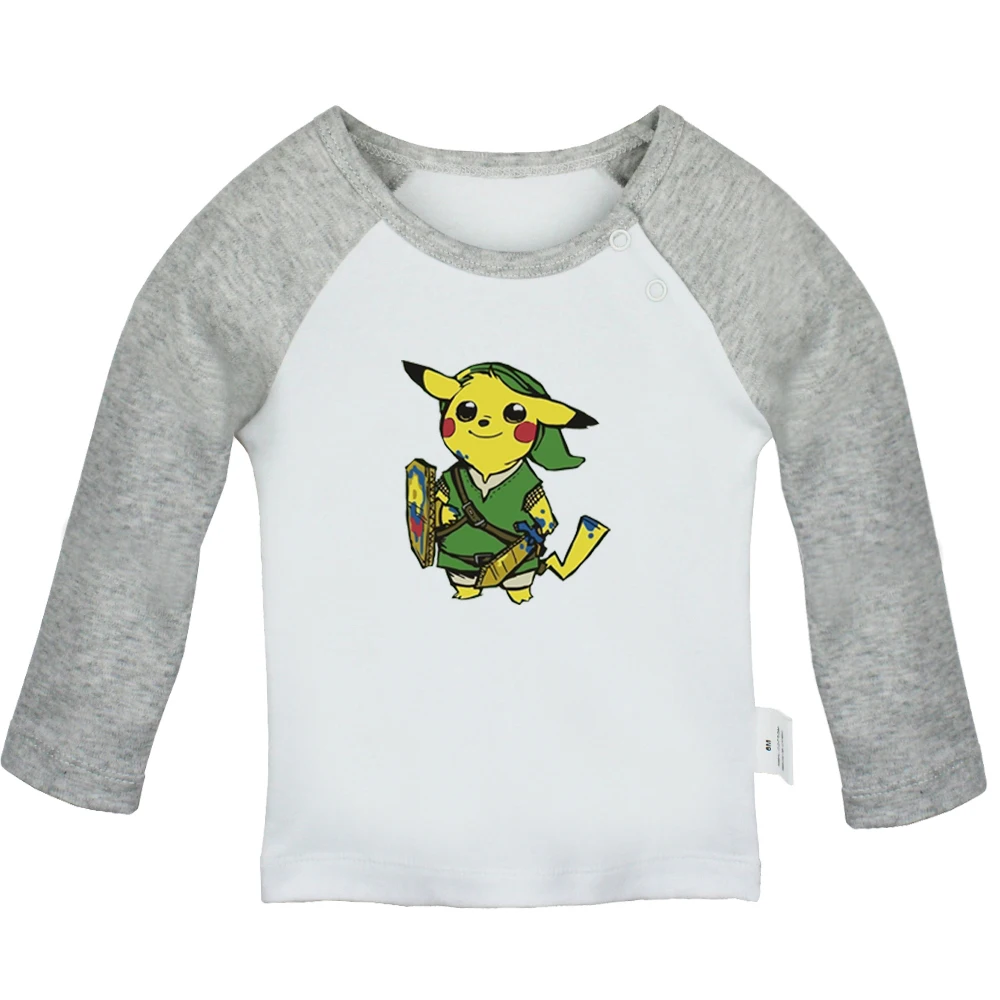 Cute Playfully Pikachu Link Pokemon Zelda PikaLink Design Newborn Baby T-shirts Toddler Graphic Raglan Color Long Sleeve Tee Top | Детская