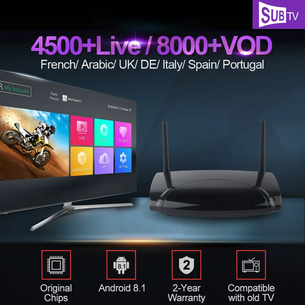 

Full HD French IPTV Subscription SUBTV Code R2 RK3229 Android 8.1 Smart TV Box Europe UK Portugal France Arabic Italy IPTV Box