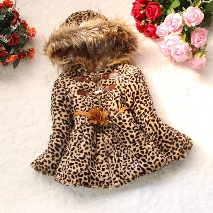 

Baby Girls Winter Coat Leopard Faux Fur Hooded Toddler Girl Warm Long Sleeve Cardigans Jacket Coat Kids Clothing Retail