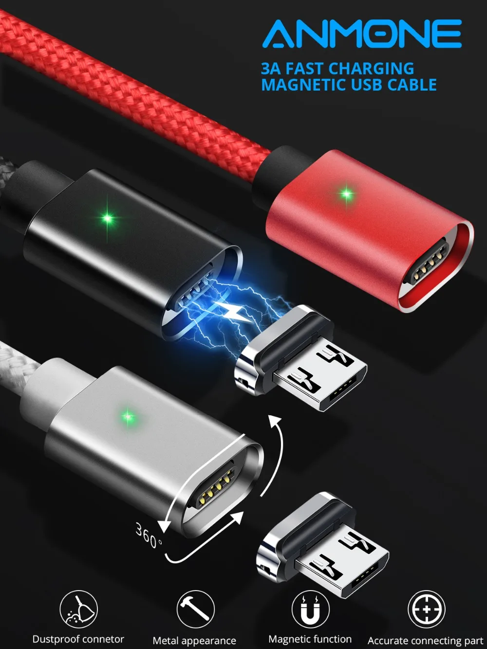 ANMONE Магнитный кабель быстрое зарядное устройство Micro USB кабель 1 м 2 м Android данных шнур Магнит зарядки для мобильного телефона провод для быстрого заряда