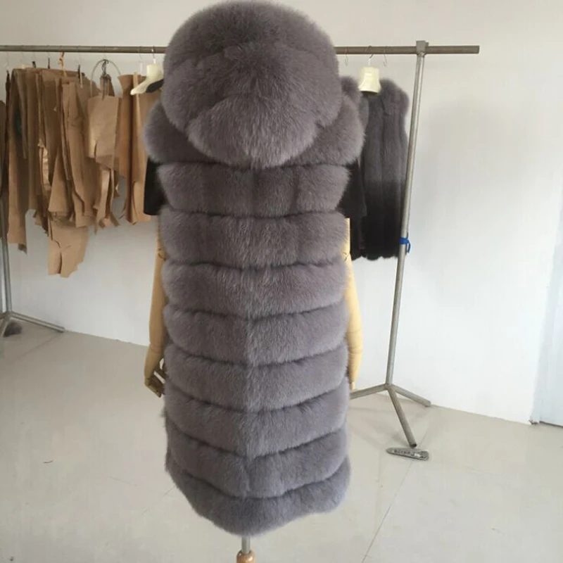 dark Femme gray Capuche Khaki black Réel Avec Long Nouveau À 2018 brown Fox Fourrure Gilets Hiver De ecru Naturel Grey Véritable Luxe navy Blue Manteau 1Uwq0a7