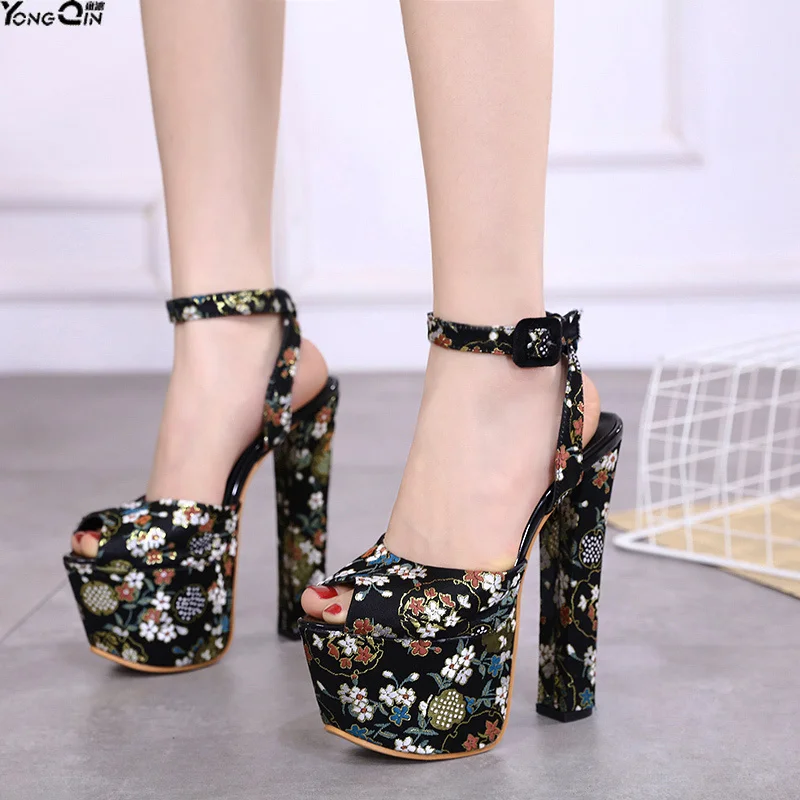 

New Fashion National style Embroidered thick high heel Woman Sandals Peep toe Sandals Dress Pumps shoes