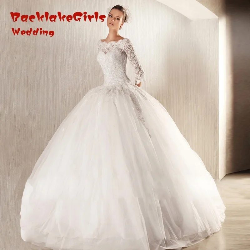Vestido de noiva Long Sleeve Scoop Neck Ball Gown font b Wedding b font font b