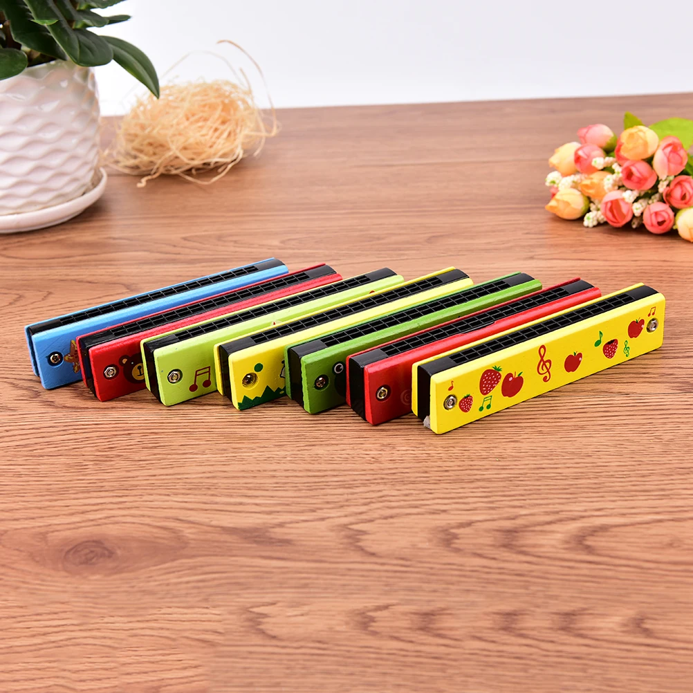 

Cartoon Painted Wooden Harmonica Children Musical Educational Music Toys Instrument Random Color