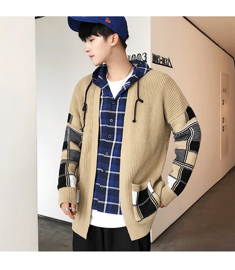 Korean Oversized Sweater Cardigan Men Plaid  (4)