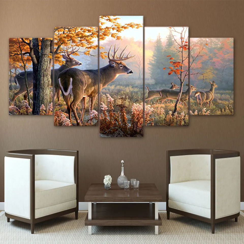 Современная Настенная HD печатная Картина на холсте, модульный плакат, рамка, 5 панелей, лесной пейзаж с оленем, домашний декор, картины для гостиной