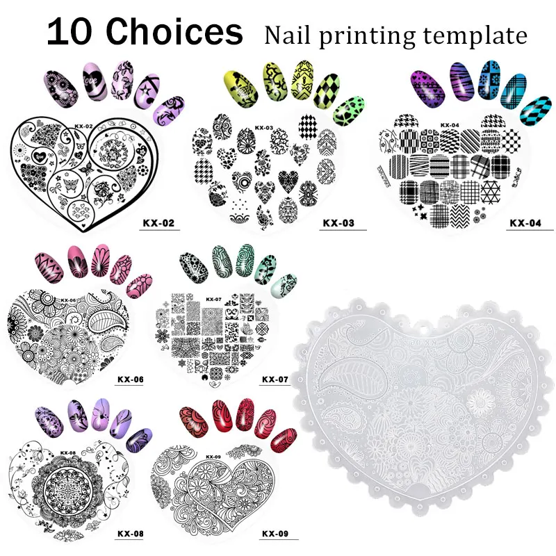 1 шт сердце ногтей штамповки пластины изображения пластины трафарет штамп пластик DIY Дизайн ногтей маникюрный шаблон инструменты для ногтей 10 видов конструкций варианты
