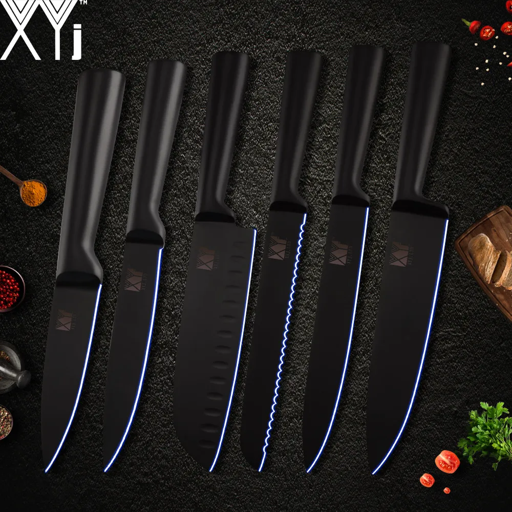 

XYj 6pcs Kitchen Cooking Stainless Steel Black Knife Set Seamless Welding Handle Chef Slicing Santoku Utility Paring Knives