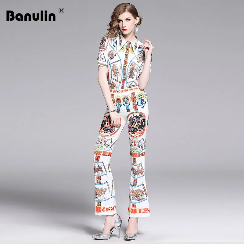 

Banulin 2019 Fashion Designer Runway Summer Suit Set 2 Pieces Set Women's Short Sleeve Vintage Shirts + Slim Flare lPants Set
