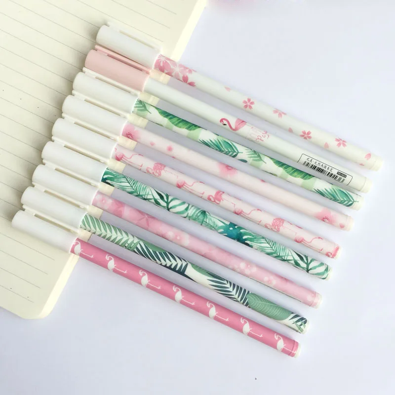 

3X Kawaii Sakura Green Leaf Flamingo Gel Pen School Office Supply Student Stationery Black Ink 0.5mm