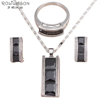 

ROLILASON Cool Black Onyx design filled Black Zircon Jewelry Sets Earrings Necklace rings sz #6#7.5#8#9#9.5 JS570