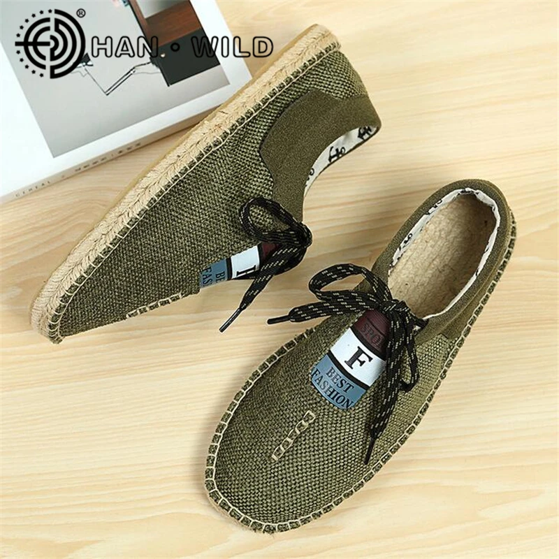 Для мужчин парусиновая обувь Slip On дышащий конопли Туфли без каблуков