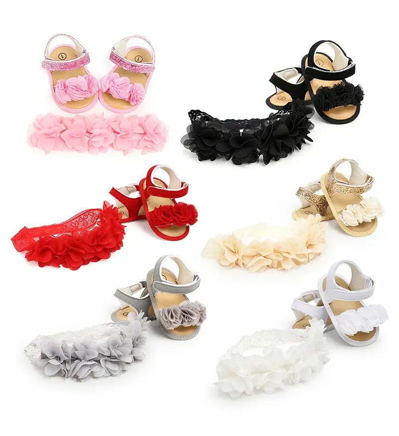 

2019 New Summer Princess Shoes Infant Baby Girl Sabdals Hairband Set Flower Shoes + Elastic Hairband 2Pcs