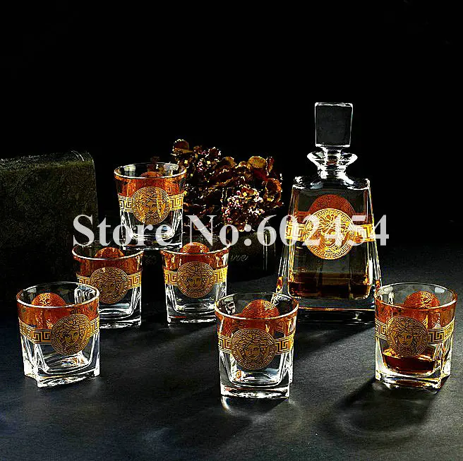 

High-end Crystal whiskey cups sets red wine glass and wake wine bottle sets Luxurious Inlaid gold crystal wine set Home bar sets